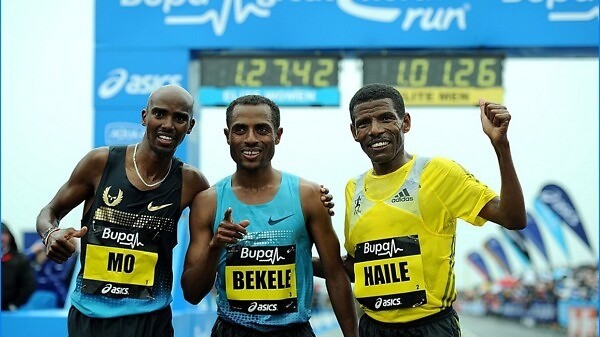 Kenenisa Bekele celebrated his success on the podium alongside Farah and Haile Gebrselassie, also from Ethiopia, who came third
