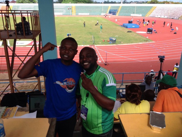AthleticsAfrica's Tunde Eludini at the Media Tribune with Sunny Oluku Oke of SportsDay Newspapers at the 68th All-Nigerian Athletics Championships in Calabar.