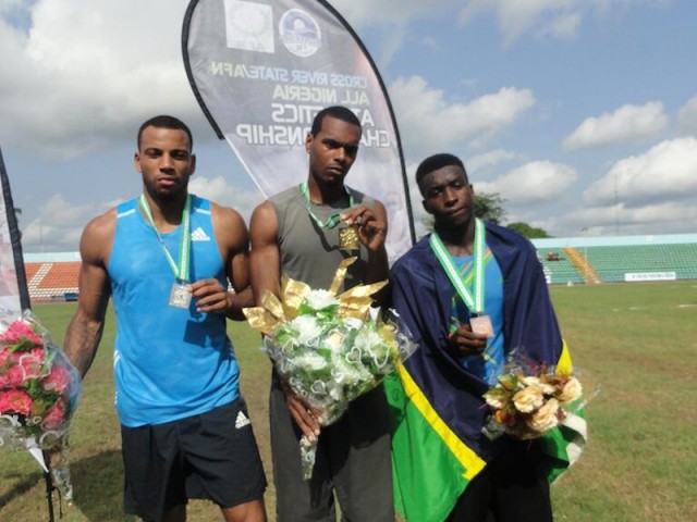 Tyron Atkins with podium medallists at the 2014 All Nigeria Athletics Championships in Calabar, Nigeria.