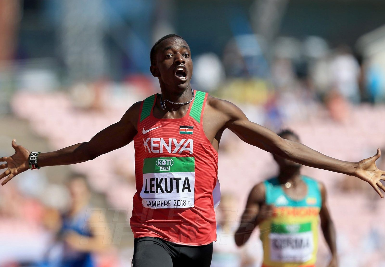 Solomon Lekuta celebrates winning the men's 800m gold for Kenya at the IAAF World U20 Championships Tampere 2018 / Photo Credit: Getty Images for IAAF