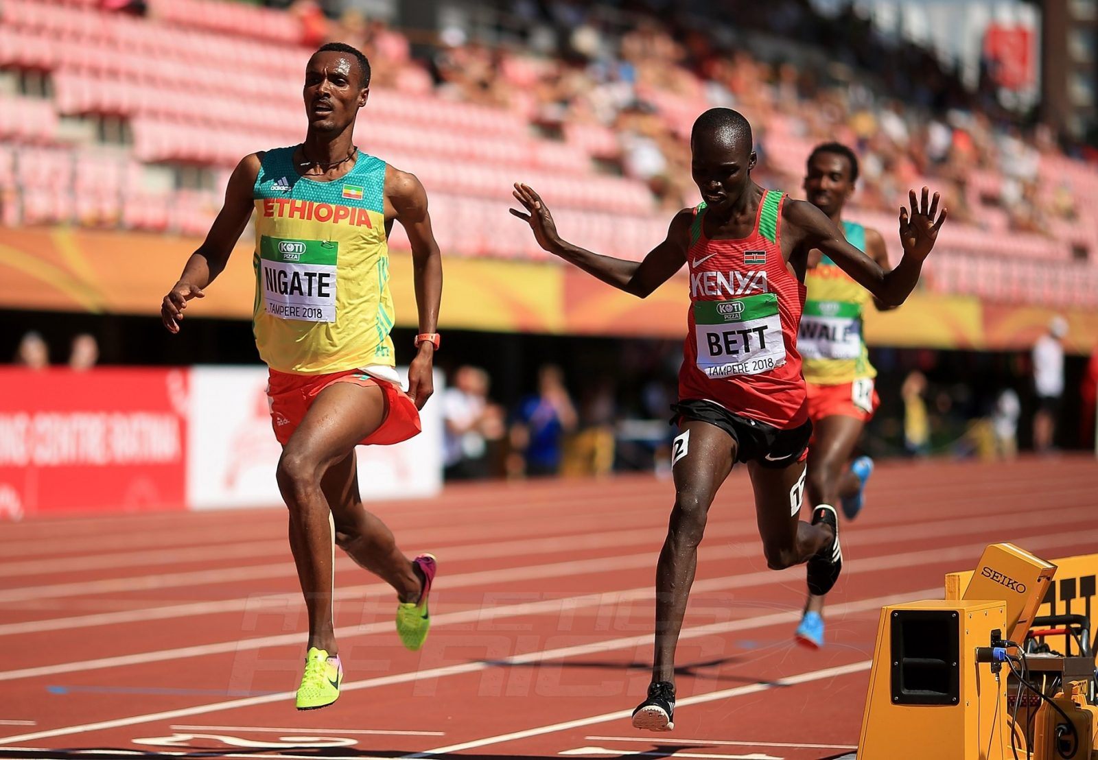 Takele Nigate of Ethiopia outsprints Kenyan Leonard Bett to win the men's 3000m steeplechase at the IAAF World U20 Championships Tampere 2018 / Photo Credit: Getty for the IAAF