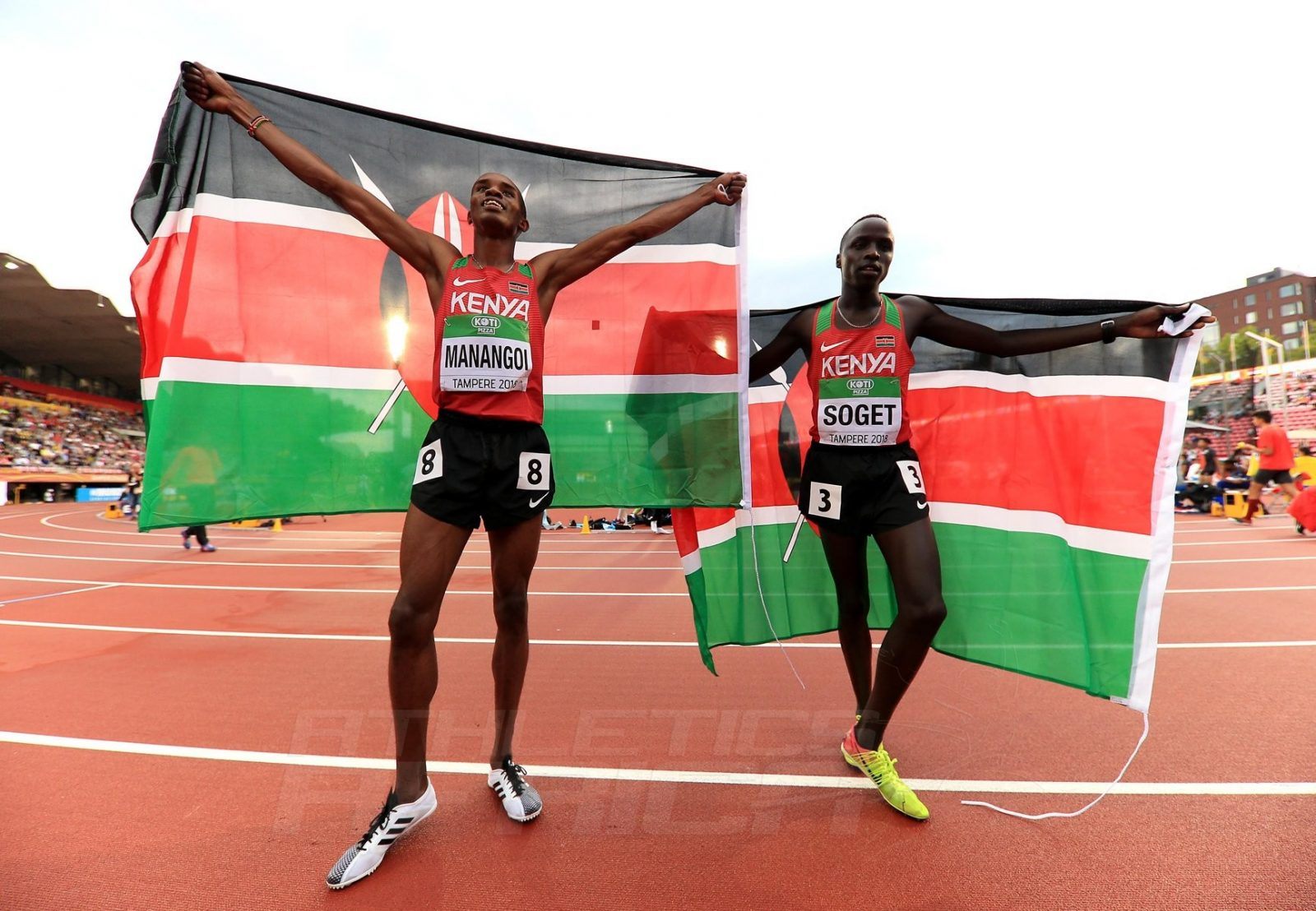 Kenya's George Manangoi celebrates winning the Men's 1500m with compatriot Justus Soget at the IAAF World U20 Championships Tampere 2018 / Photo Credit: Getty Images for IAAF