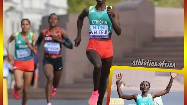Ethiopian Diribe Welteji on her way to winning the mile in Riga 23 / Photo: Adam Nurkiewicz for World Athletics